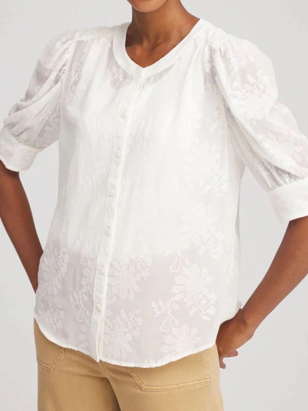 NEW Chico’s Chiffon Sheer Embroidered Shirt Women’s US 16 / 3 Puff Sleeve Ivory